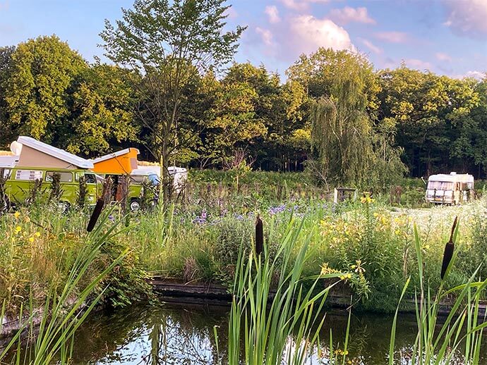 camper in het groen duizel